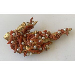 Vintage Vans Authentic Stick Coral Pearls Brooch Pin Orange Gold Twig Branch